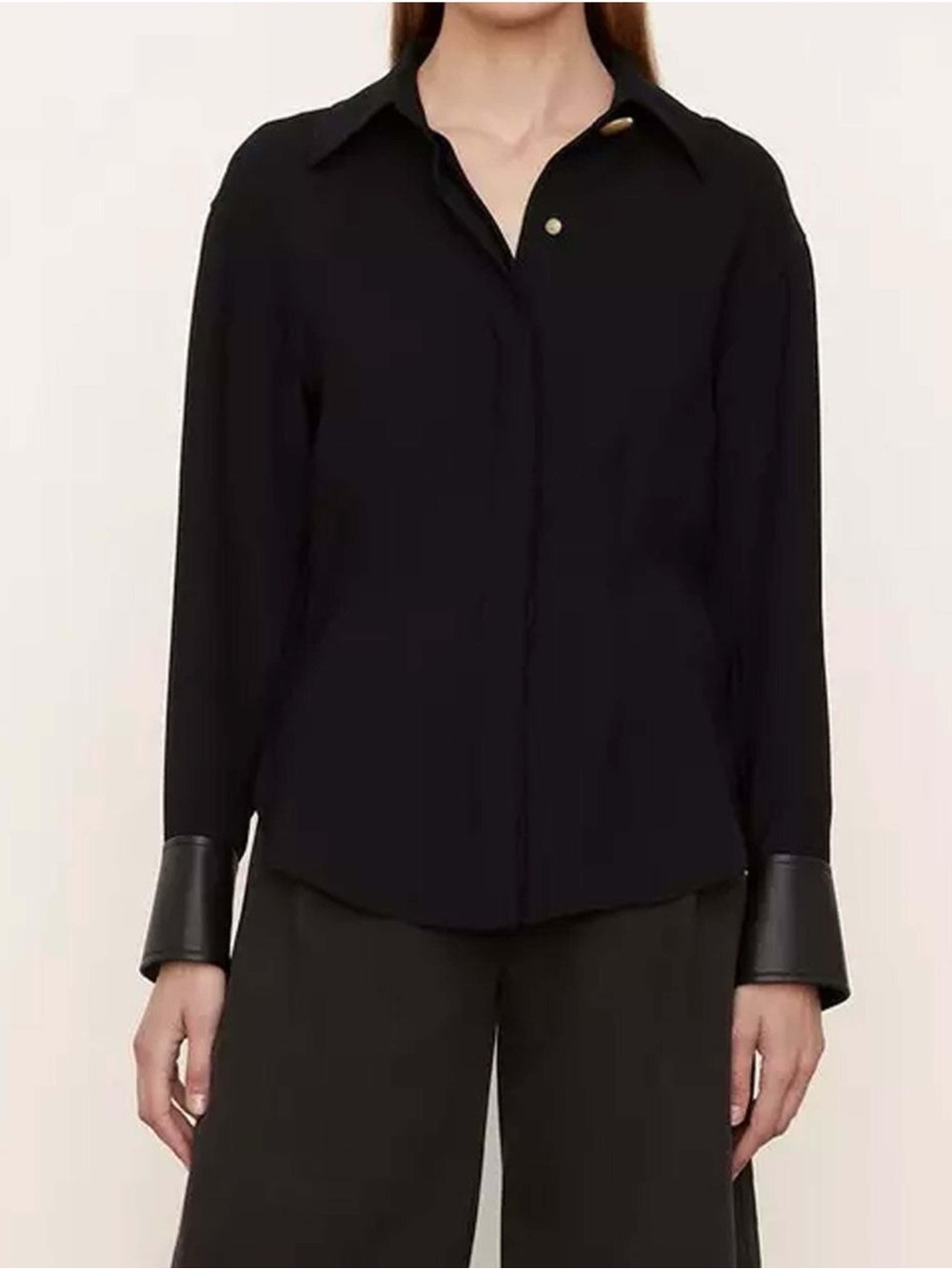 Vince Shaped Long Sleeve Button Down Faux Leather Cuffs Blouse Shirt Size L